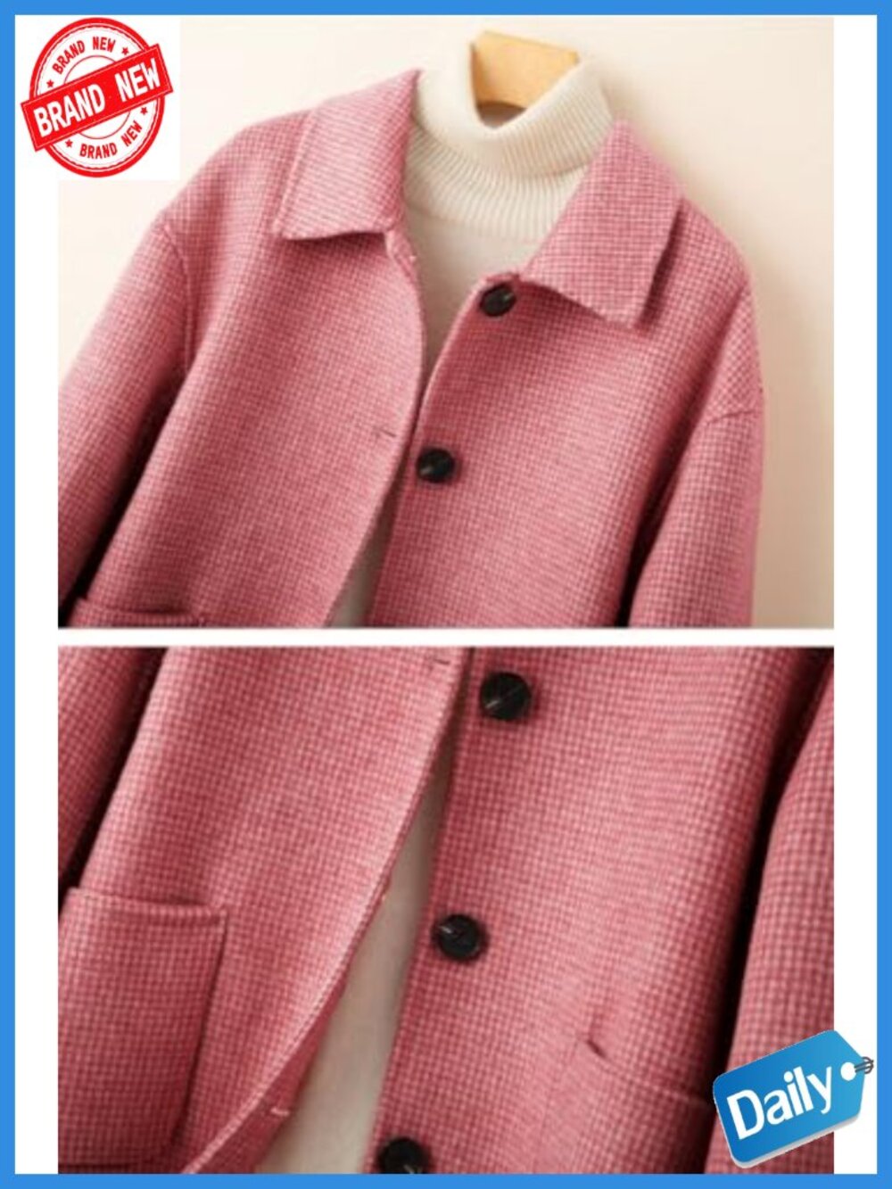 Wool Blend Houndstooth Plaid Cropped Pea Coat with Pockets - Picture 2 of 3
